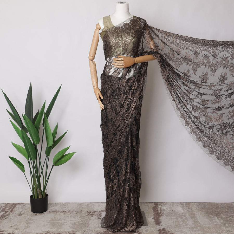 Black Bronze Premium French Metallic Chantilly Saree Lace Fabric, 5.5 MetersX110 Cms-D21506