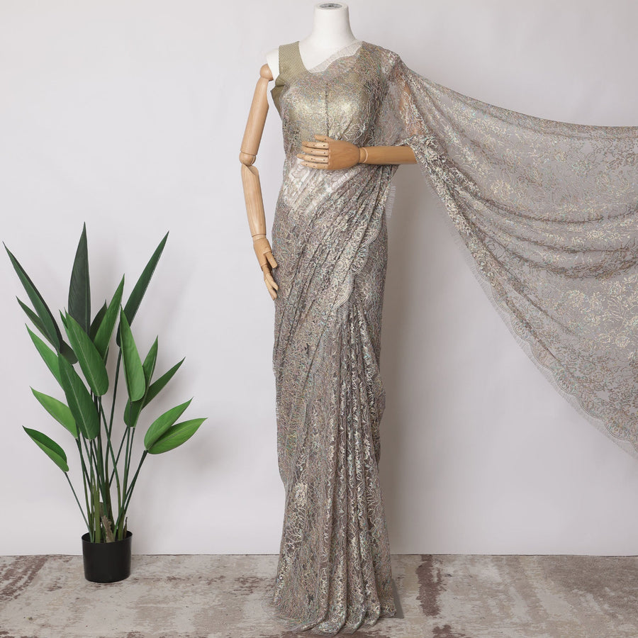 Lavender Grey Premium French Metallic Chantilly Saree Lace Fabric, 5.5 MetersX110 Cms-D21507