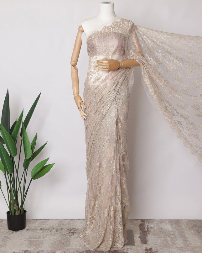 Light Pink Premium French Metallic Chantilly Saree Lace Fabric, 5.5 MetersX110 Cms-D21508