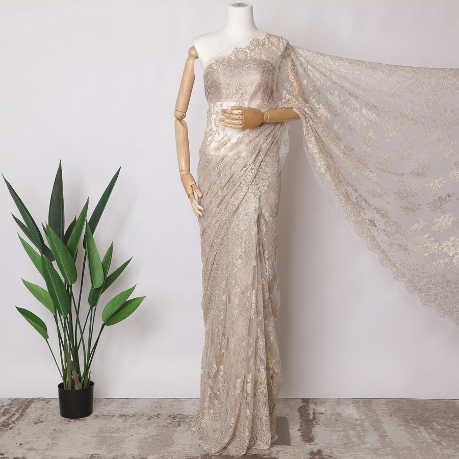 Light Pink Premium French Metallic Chantilly Saree Lace Fabric, 5.5 MetersX110 Cms-D21508