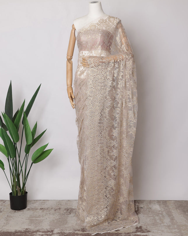 Light Pink Premium French Metallic Chantilly Saree Lace Fabric, 5.5 MetersX110 Cms-D21508