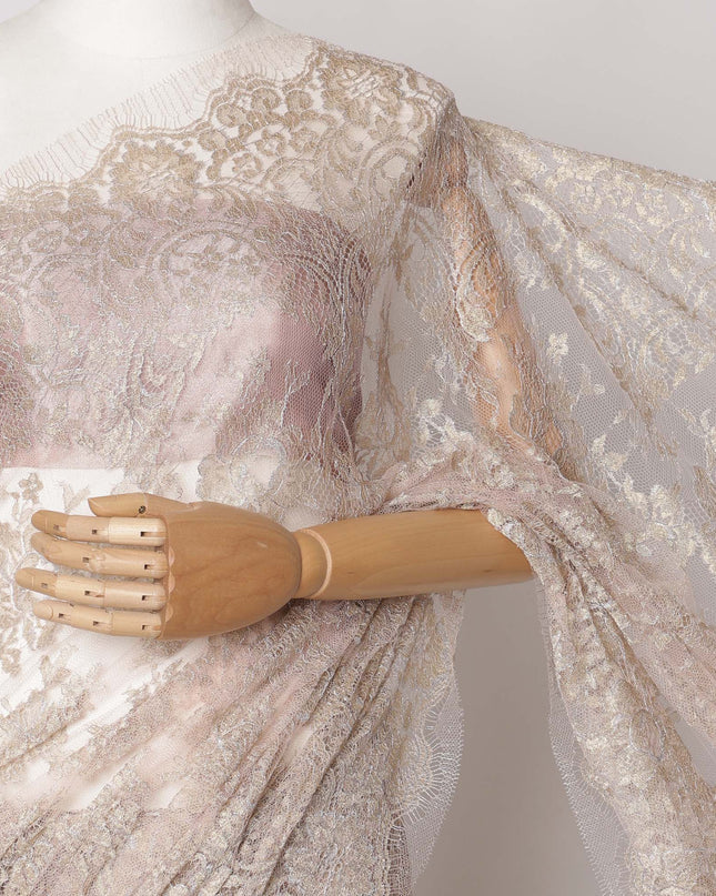 Light Pink Premium French Metallic Chantilly Saree Lace Fabric, 5.5 MetersX110 Cms-D21508