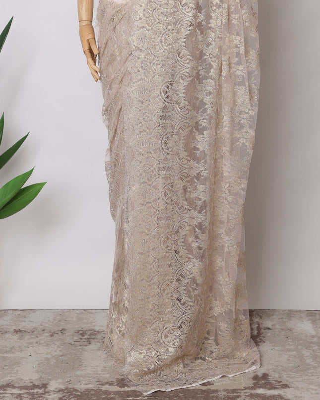 Light Pink Premium French Metallic Chantilly Saree Lace Fabric, 5.5 MetersX110 Cms-D21508