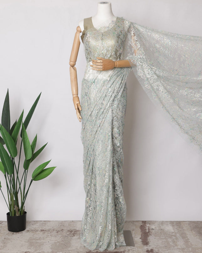 Sea Blue, Silver Premium French Metallic Chantilly Saree Lace Fabric, 5.5 MetersX110 Cms
-D21509 Regal Fabrics