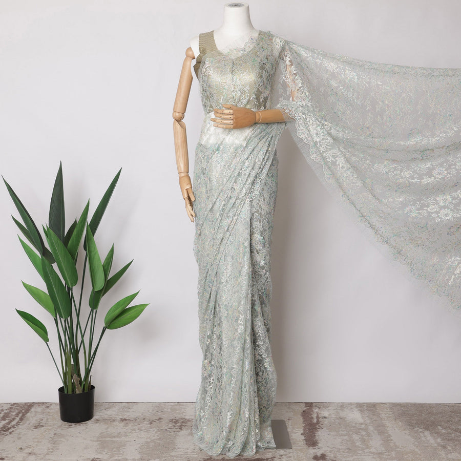 Sea Blue, Silver Premium French Metallic Chantilly Saree Lace Fabric, 5.5 MetersX110 Cms
-D21509 Regal Fabrics