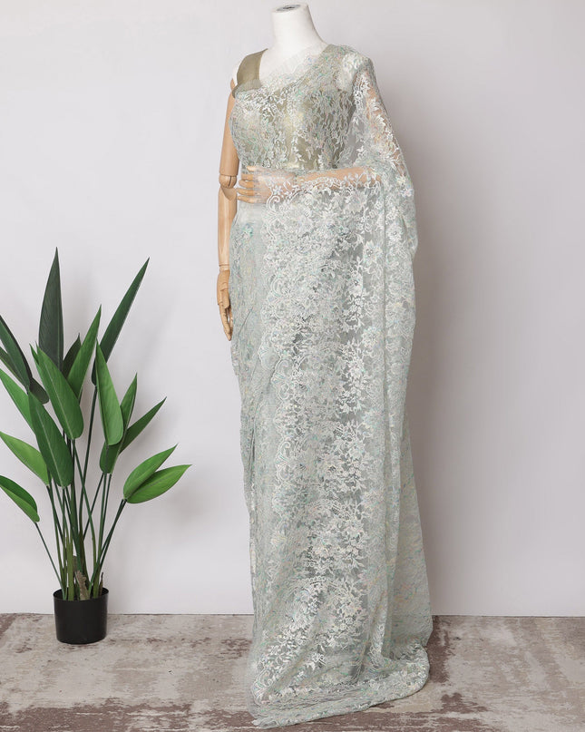 Sea Blue, Silver Premium French Metallic Chantilly Saree Lace Fabric, 5.5 MetersX110 Cms
-D21509 Regal Fabrics