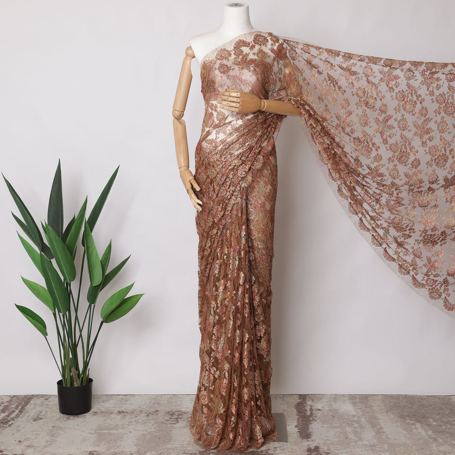 قماش ساري شانتيلي فرنسي معدني فاخر باللون الأحمر الصدأ، 5.5 متر × 110 سم - D21510