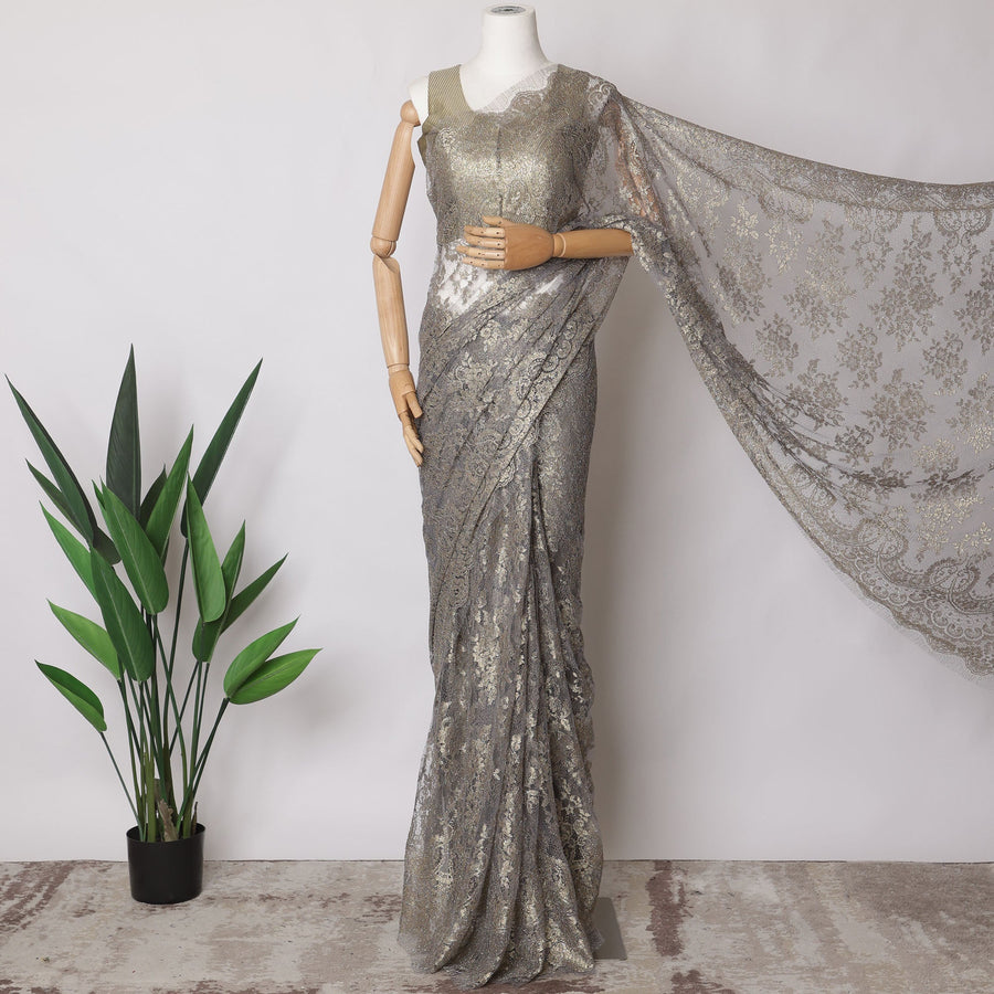 قماش ساري شانتيلي فرنسي معدني فاخر باللون الفضي الفحمي، 5.5 متر × 110 سم - D21511