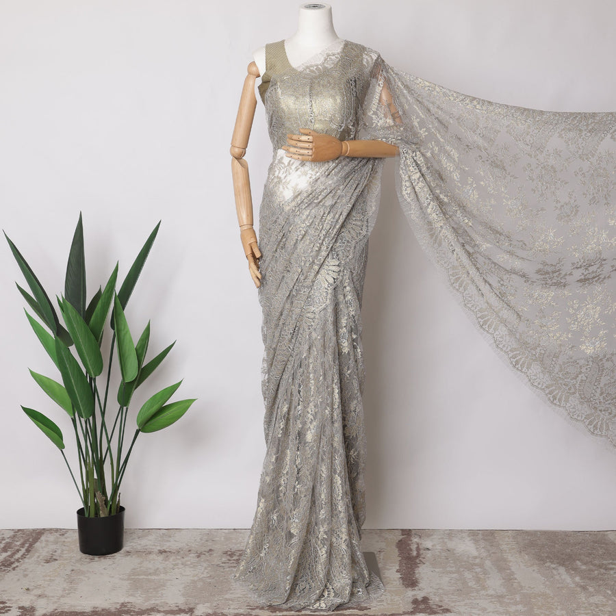 Pale Silver Premium French Metallic Chantilly Saree Lace Fabric, 5.5 MetersX110 Cms-D21512