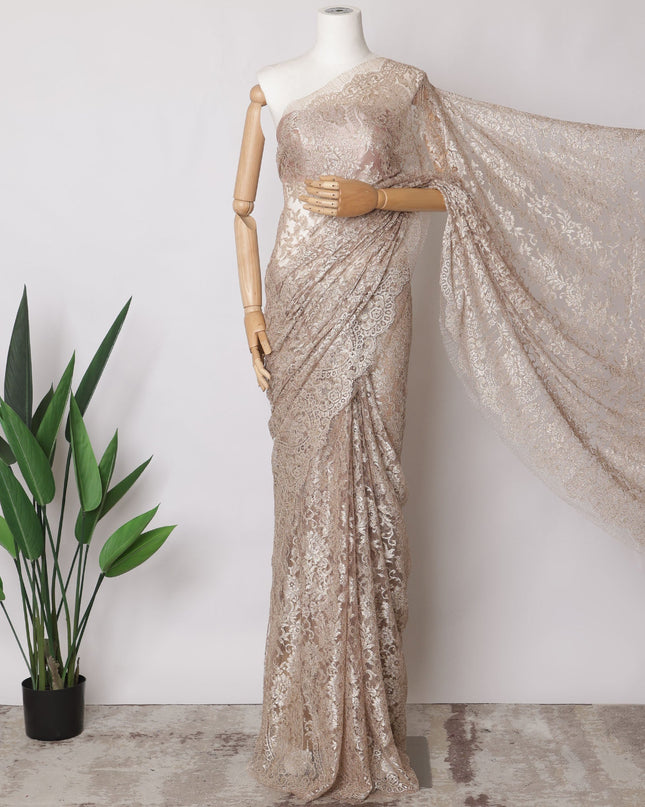 Rose Gold, Silver Premium French Metallic Chantilly Saree Lace Fabric, 5.5 MetersX110 Cms-D21513 Regal Fabrics