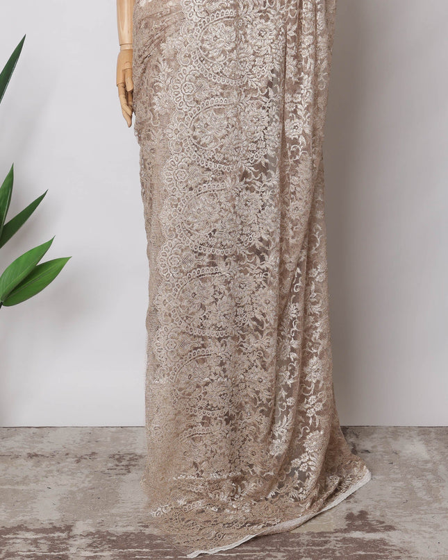 Rose Gold, Silver Premium French Metallic Chantilly Saree Lace Fabric, 5.5 MetersX110 Cms-D21513 Regal Fabrics