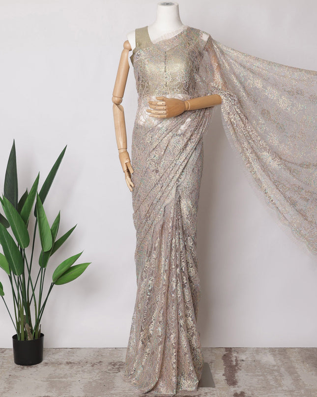 Mauve Pink, Gold Premium French Metallic Chantilly Saree Lace Fabric, 5.5 MetersX110 Cms-D21514