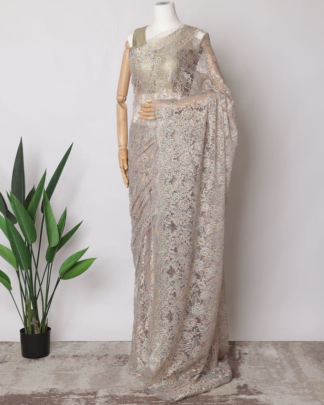 Mauve Pink, Gold Premium French Metallic Chantilly Saree Lace Fabric, 5.5 MetersX110 Cms-D21514