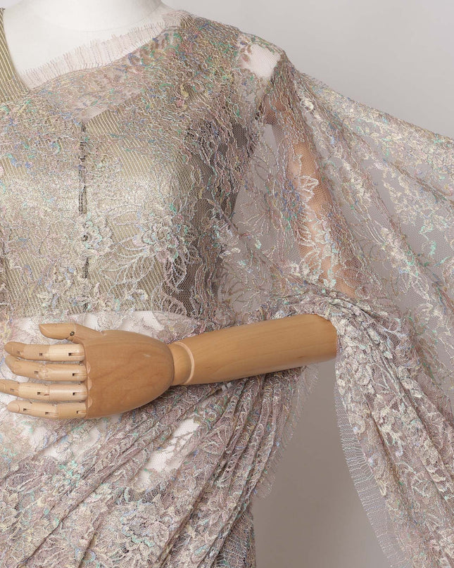 Mauve Pink, Gold Premium French Metallic Chantilly Saree Lace Fabric, 5.5 MetersX110 Cms-D21514