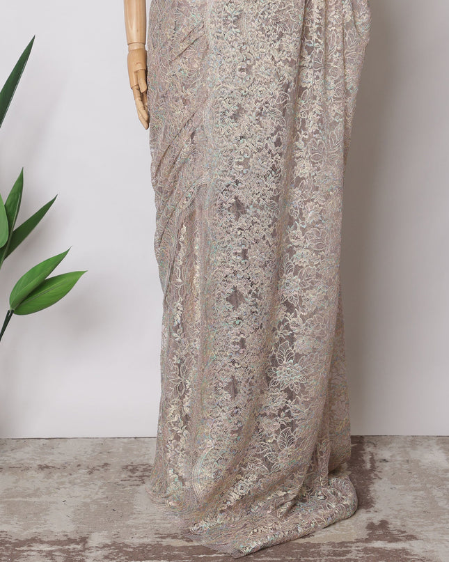 Mauve Pink, Gold Premium French Metallic Chantilly Saree Lace Fabric, 5.5 MetersX110 Cms-D21514