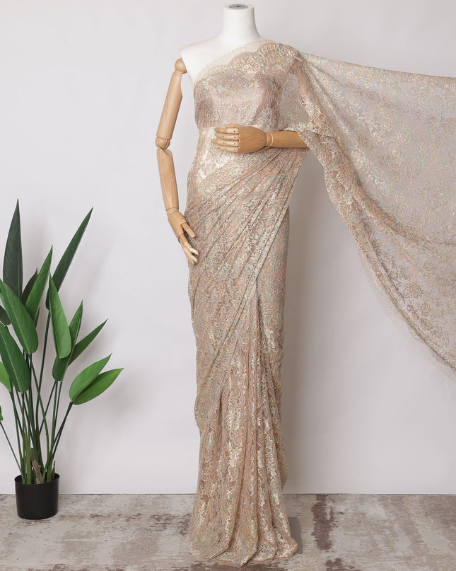 Peach Gold Premium French Metallic Chantilly Saree Lace Fabric, 5.5 MetersX110 Cms-D21515 - Regal Fabrics