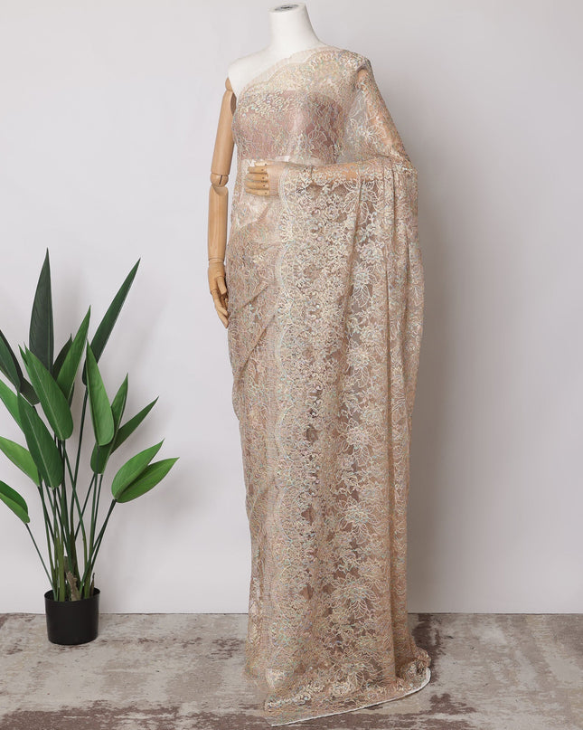 Peach Gold Premium French Metallic Chantilly Saree Lace Fabric, 5.5 MetersX110 Cms-D21515 - Regal Fabrics