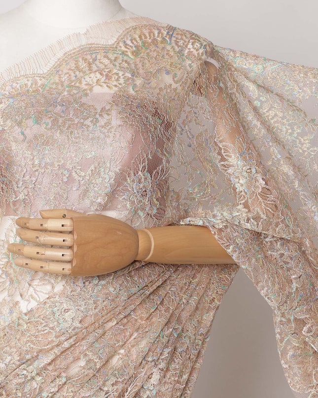 Peach Gold Premium French Metallic Chantilly Saree Lace Fabric, 5.5 MetersX110 Cms-D21515 - Regal Fabrics