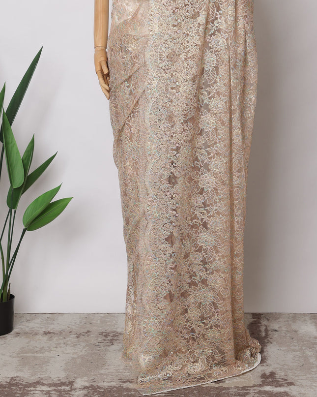 Peach Gold Premium French Metallic Chantilly Saree Lace Fabric, 5.5 MetersX110 Cms-D21515 - Regal Fabrics