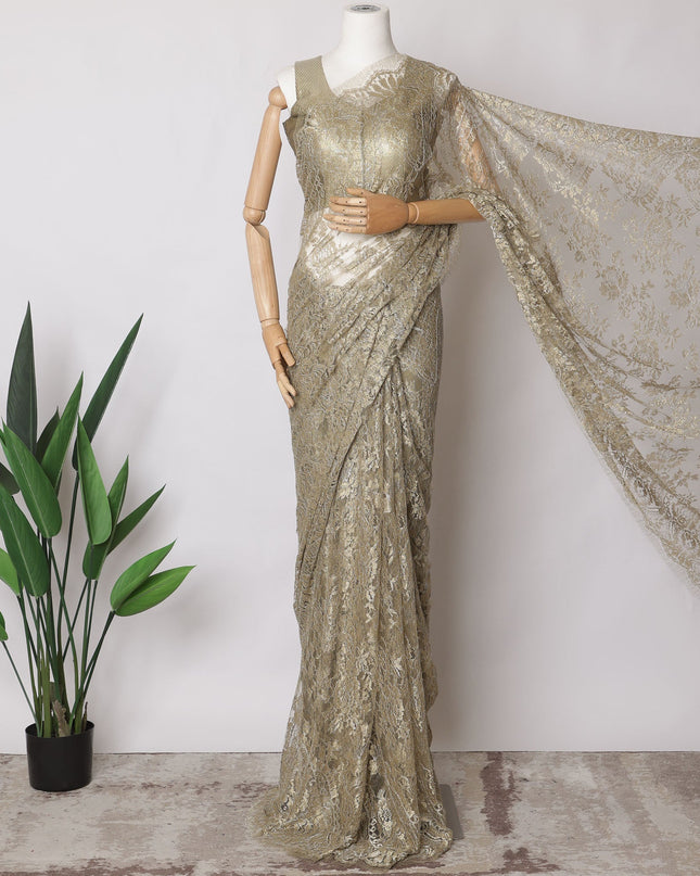 Olive Gold Premium French Metallic Chantilly Saree Lace Fabric, 5.5 MetersX110 Cms-D21517 - Regal Fabrics