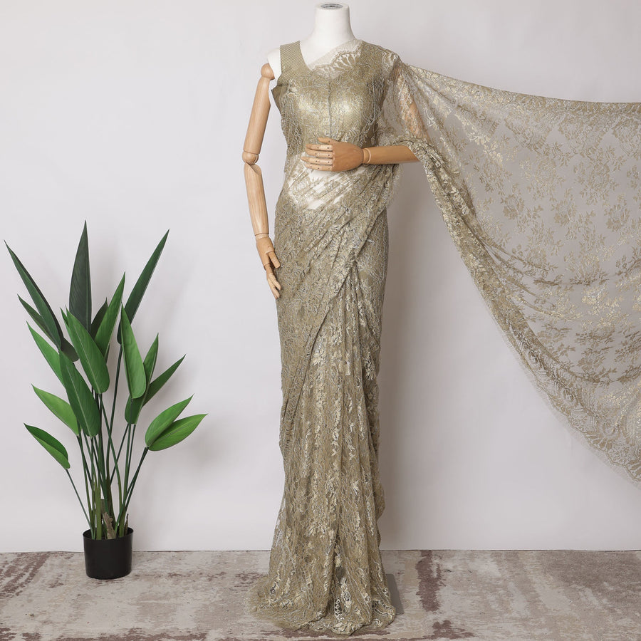 Olive Gold Premium French Metallic Chantilly Saree Lace Fabric, 5.5 MetersX110 Cms-D21517