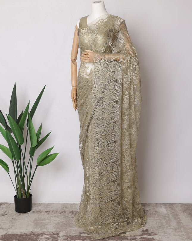 Olive Gold Premium French Metallic Chantilly Saree Lace Fabric, 5.5 MetersX110 Cms-D21517 - Regal Fabrics