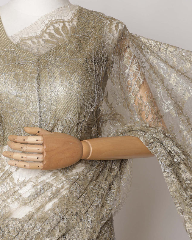 Olive Gold Premium French Metallic Chantilly Saree Lace Fabric, 5.5 MetersX110 Cms-D21517 - Regal Fabrics
