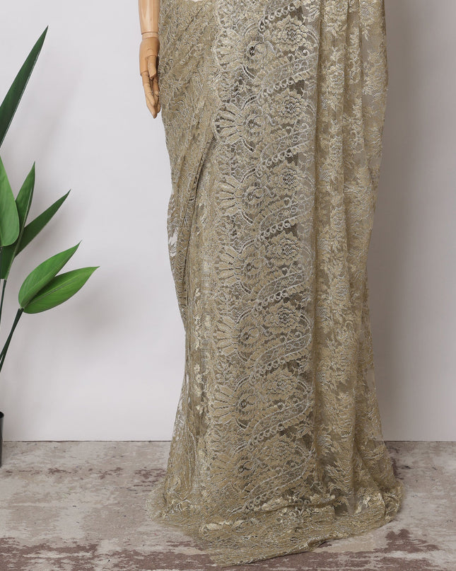 Olive Gold Premium French Metallic Chantilly Saree Lace Fabric, 5.5 MetersX110 Cms-D21517 - Regal Fabrics