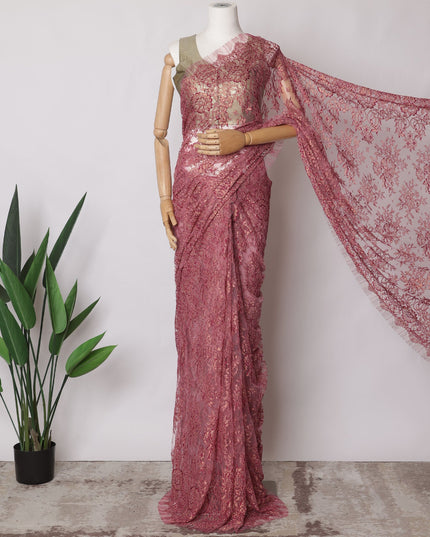 Deep Rose Pink Premium French Metallic Chantilly Saree Lace Fabric, 5.5 MetersX110 Cms-D21518