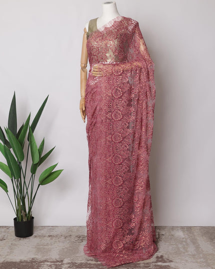 Deep Rose Pink Premium French Metallic Chantilly Saree Lace Fabric, 5.5 MetersX110 Cms-D21518