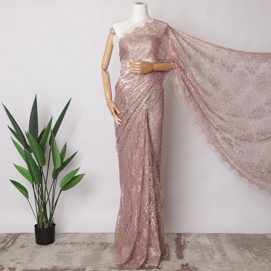 Dusty Mauve Pink Premium French Metallic Chantilly Saree Lace Fabric, 5.5 MetersX110 Cms-D21519 - Regal Fabrics