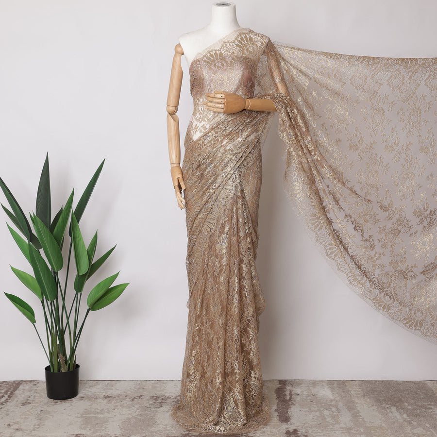 Brown, Gold Premium French Metallic Chantilly Saree Lace Fabric, 5.5 MetersX110 Cms-D21521