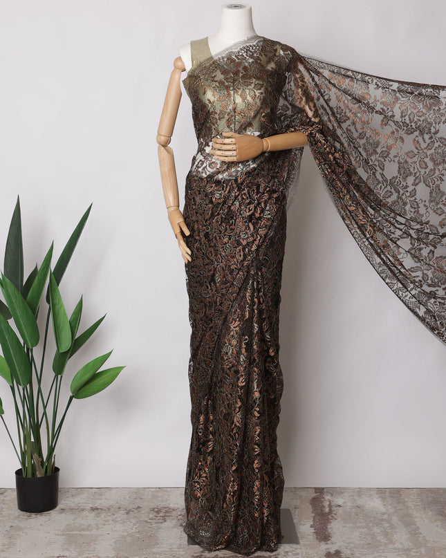 Black with Copper Gold Premium French Metallic Chantilly Saree Lace Fabric, 5.5 MetersX110 Cms-D21523