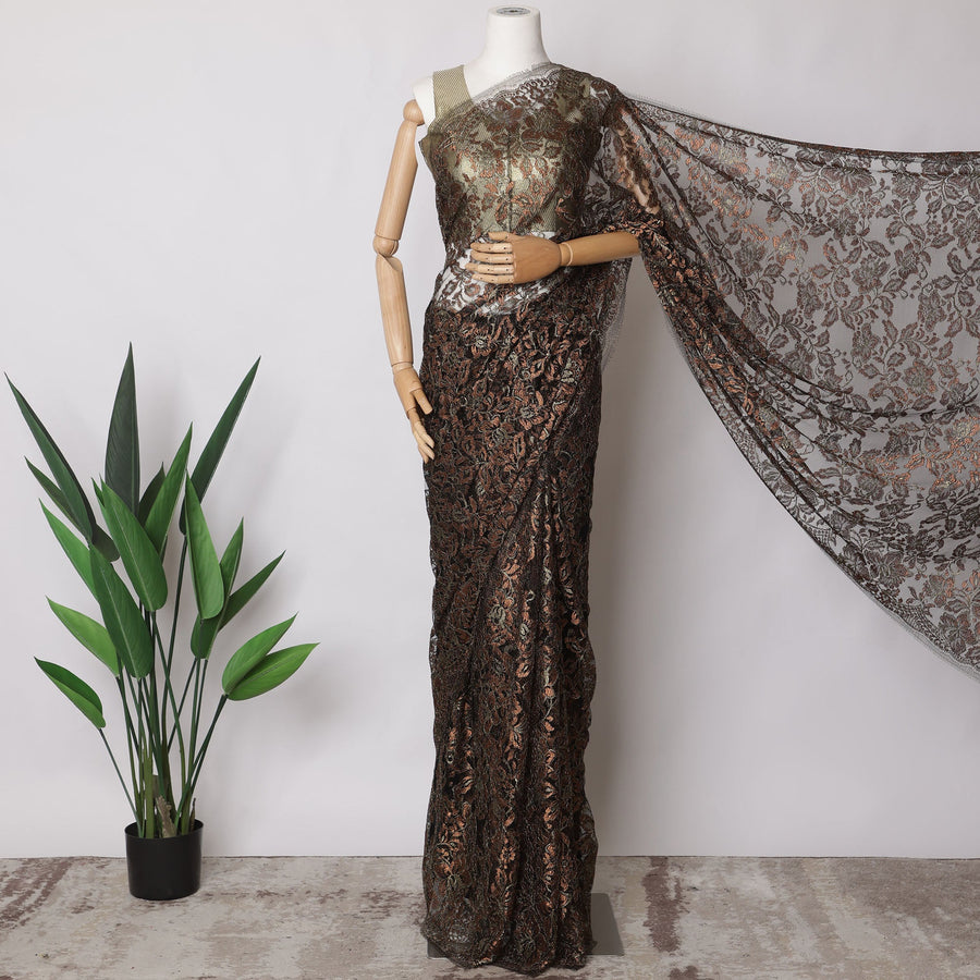 Black with Copper Gold Premium French Metallic Chantilly Saree Lace Fabric, 5.5 MetersX110 Cms-D21523