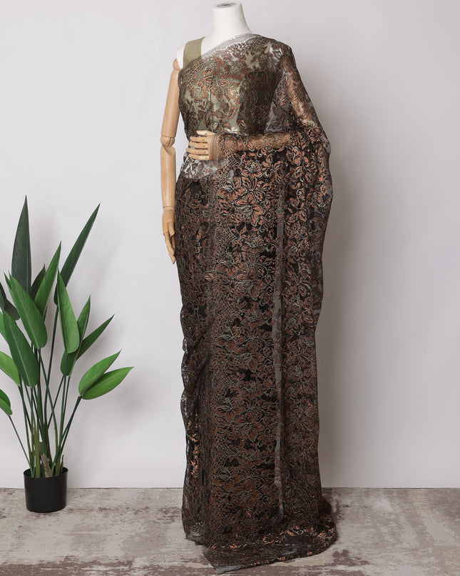 Black with Copper Gold Premium French Metallic Chantilly Saree Lace Fabric, 5.5 MetersX110 Cms-D21523