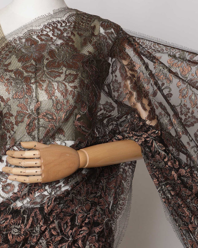 Black with Copper Gold Premium French Metallic Chantilly Saree Lace Fabric, 5.5 MetersX110 Cms-D21523