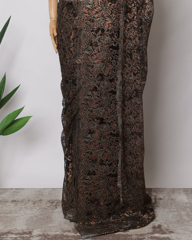 Black with Copper Gold Premium French Metallic Chantilly Saree Lace Fabric, 5.5 MetersX110 Cms-D21523