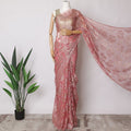 Coral Pink Premium French Metallic Chantilly Saree Lace Fabric, 5.5 MetersX110 Cms-D21524