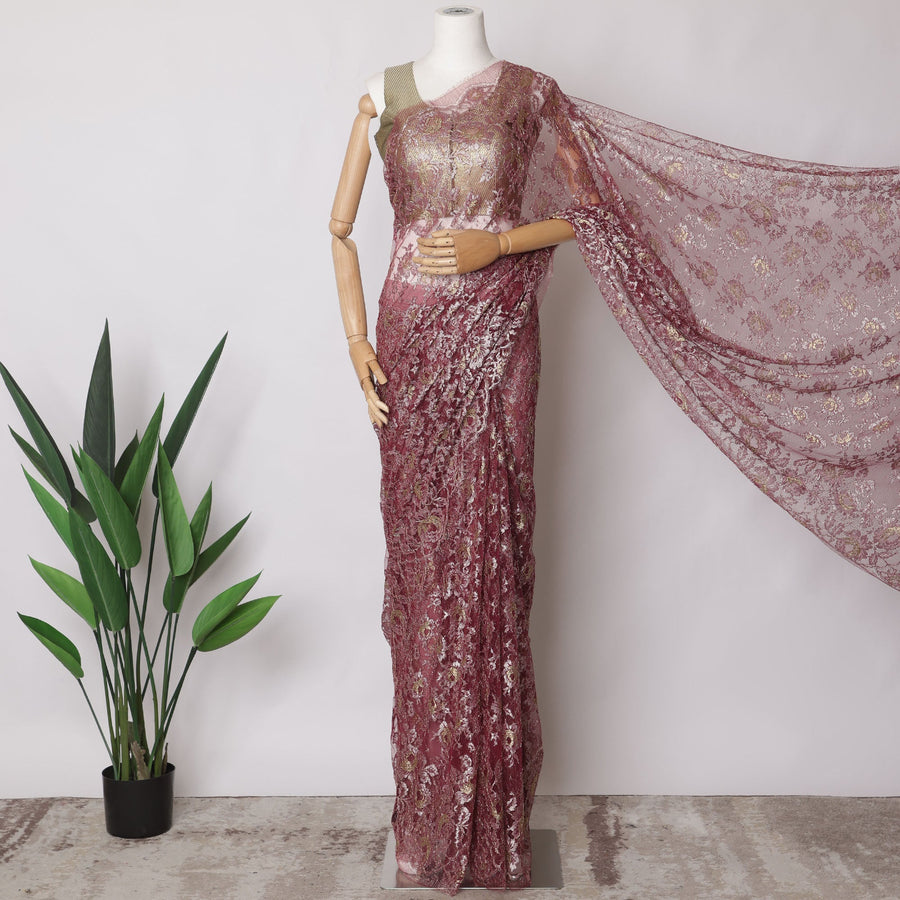 Rani Pink Premium French Metallic Chantilly Saree Lace Fabric, 5.5 MetersX110 Cms-D21526