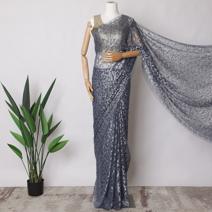 Midnight Blue Premium French Metallic Chantilly Saree Lace Fabric, 5.5 MetersX110 Cms-D21527 Regal Fabrics
