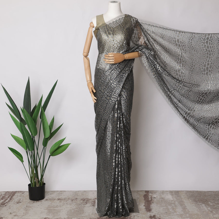 Black, Silver, Gold Premium French Metallic Chantilly Saree Lace Fabric, 5.5 MetersX110 Cms-D21528