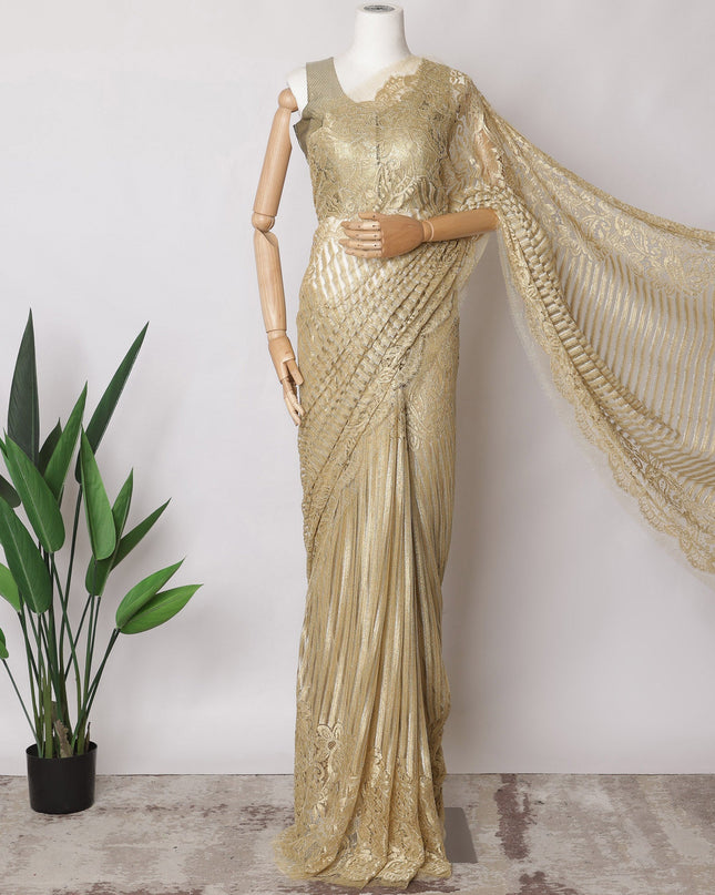 Golden Beige Premium French Metallic Chantilly Saree Lace Fabric, 5.5 MetersX110 Cms-D21529 - Regal Fabrics