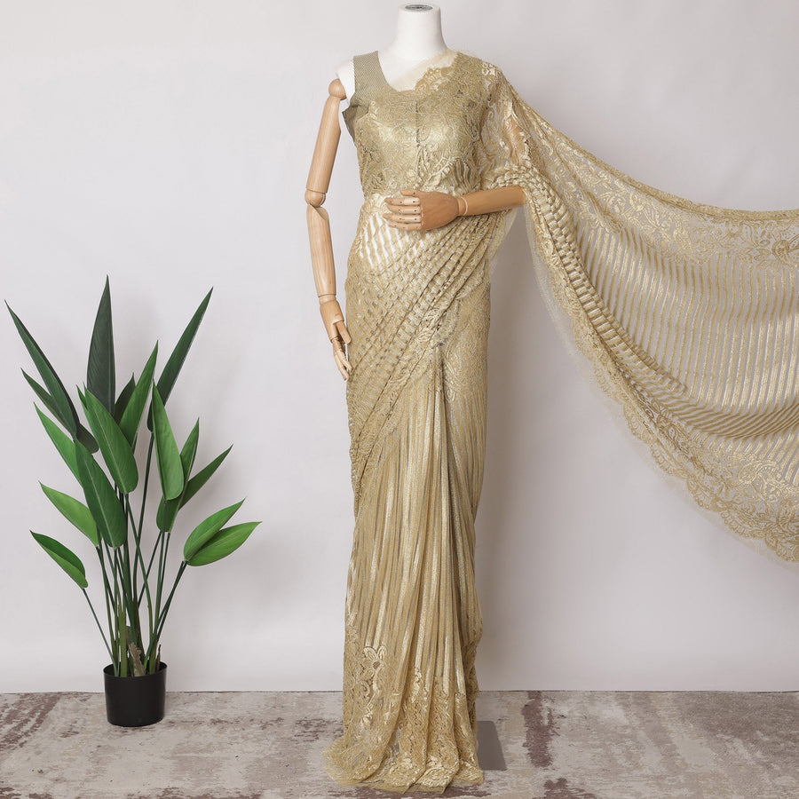 Golden Beige Premium French Metallic Chantilly Saree Lace Fabric, 5.5 MetersX110 Cms-D21529