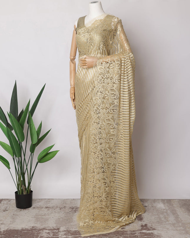 Golden Beige Premium French Metallic Chantilly Saree Lace Fabric, 5.5 MetersX110 Cms-D21529 - Regal Fabrics