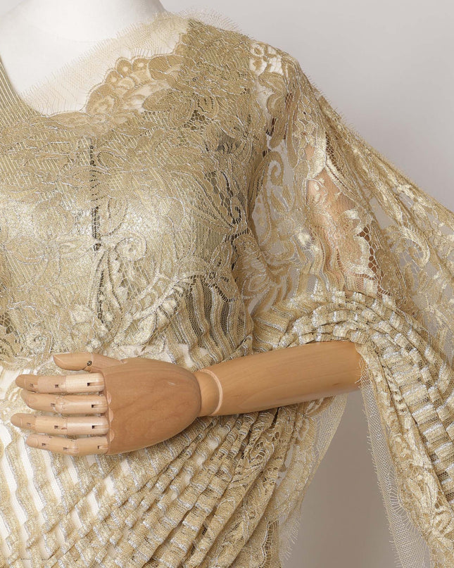 Golden Beige Premium French Metallic Chantilly Saree Lace Fabric, 5.5 MetersX110 Cms-D21529 - Regal Fabrics