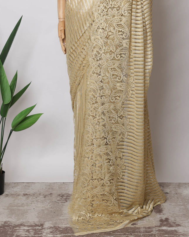 Golden Beige Premium French Metallic Chantilly Saree Lace Fabric, 5.5 MetersX110 Cms-D21529 - Regal Fabrics