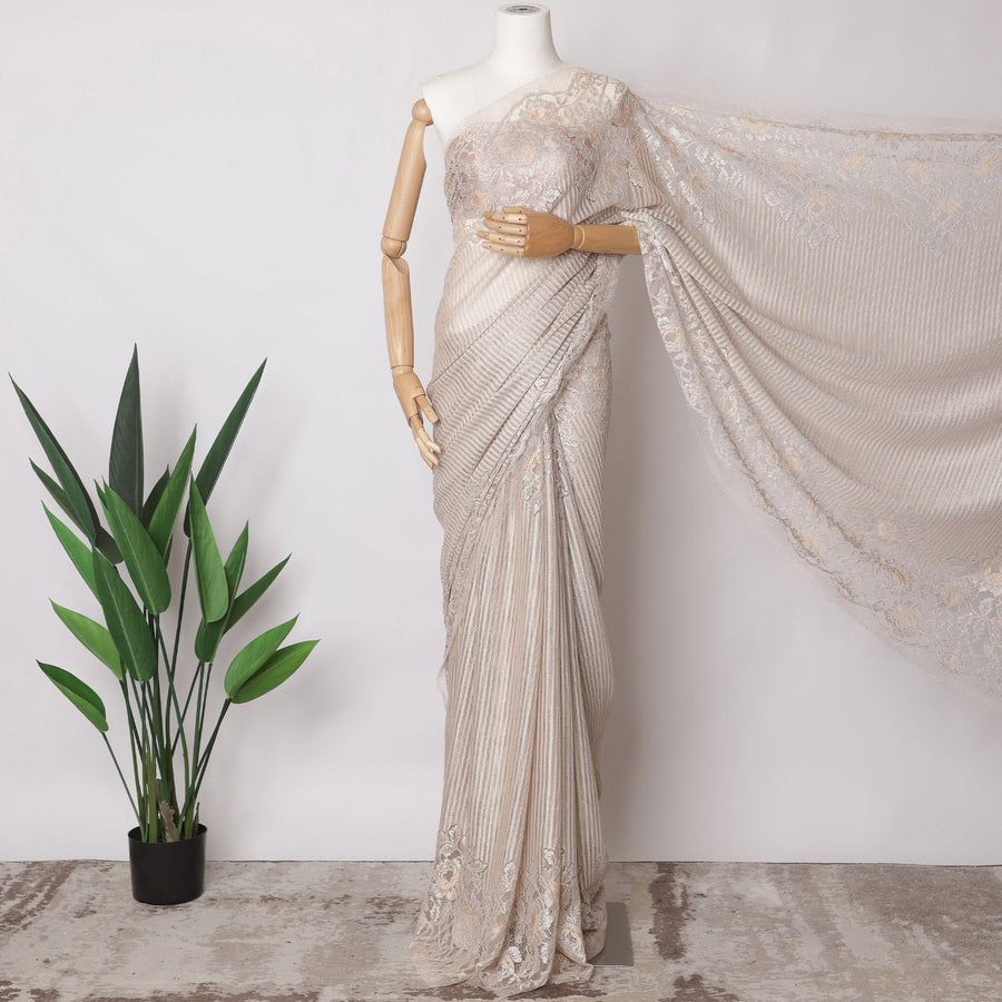 Light Peach Premium French Metallic Chantilly Saree Lace Fabric, 5.5 MetersX110 Cms-D21530