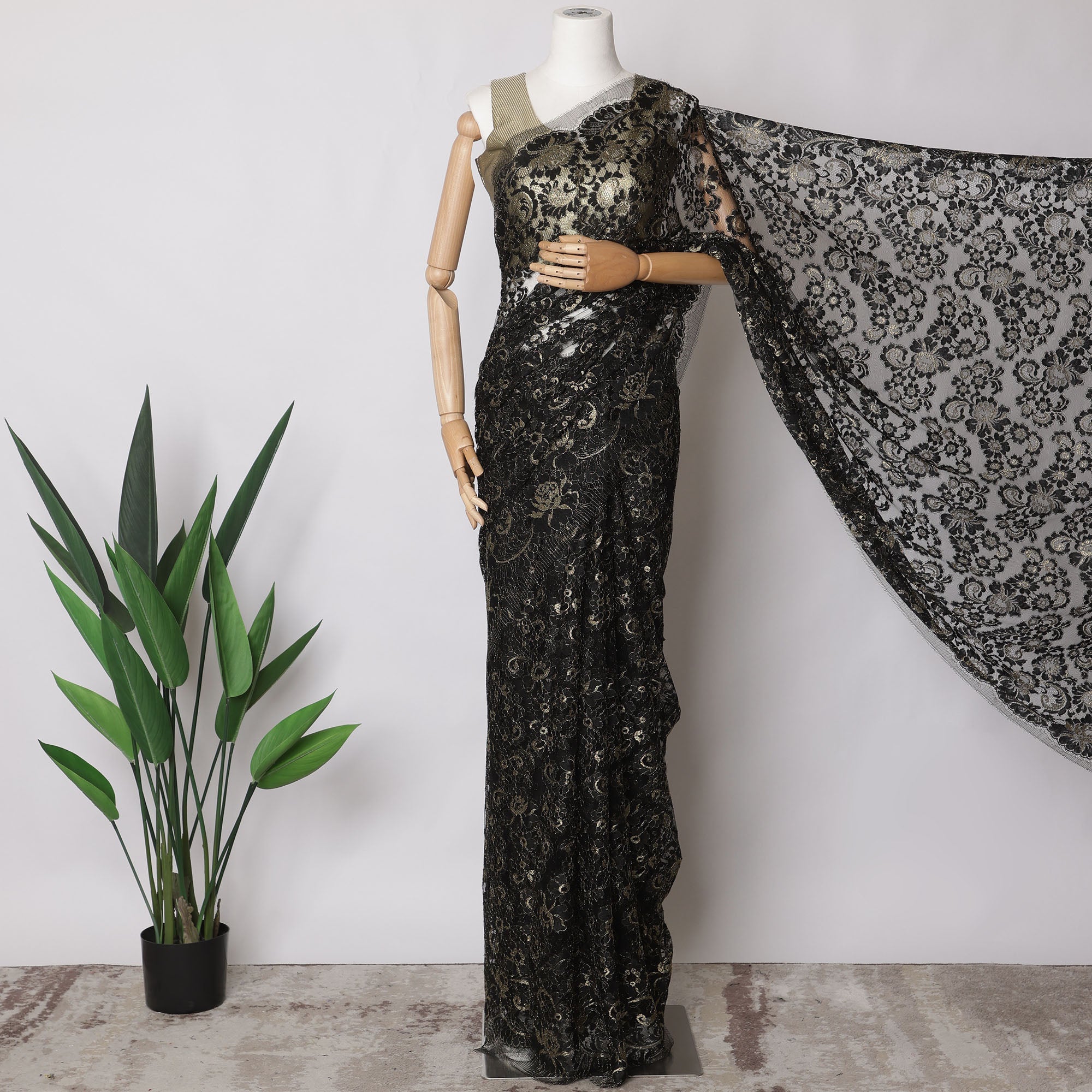 Black and Gold Premium French Metallic Chantilly Saree Lace Fabric, MetersX110 Cms-D21532