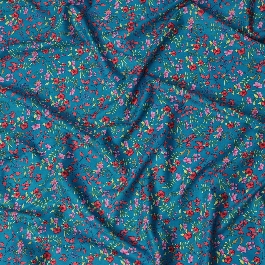 Blue and Multicolor Floral Pure Cotton Printed Fabric – Width 110 cm-D21787