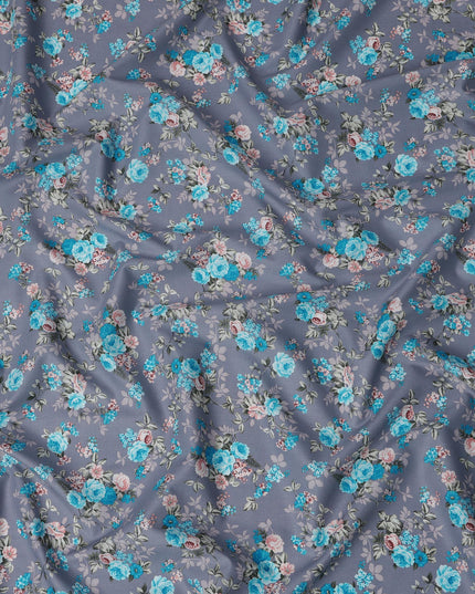 Grey and Blue Floral Pure Cotton Printed Fabric – Width 110 cm-D21789